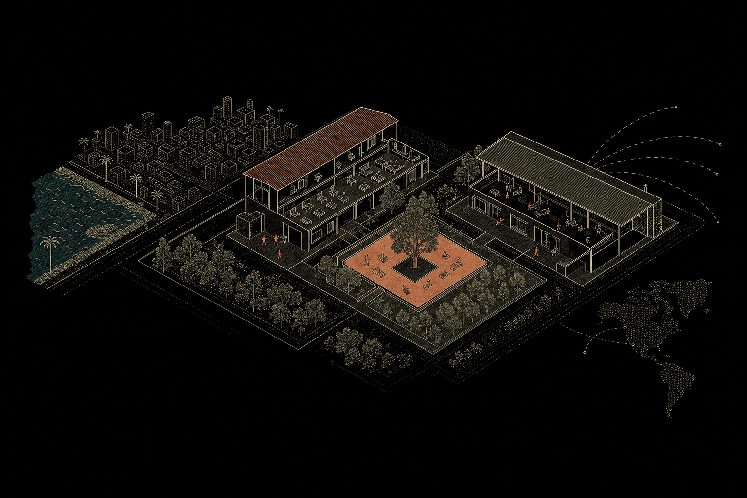 Isometric architectural study of a proposed urban workshop compound with two buildings, a central courtyard, Tel Aviv coastline context, and international connections